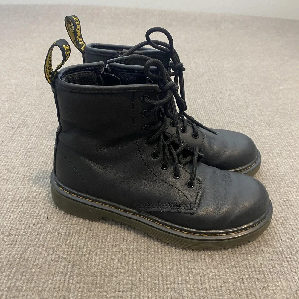 Dr. Martens Boots Kids Size 2 Black Leather Ankle Combat Lace Up Zip 15382